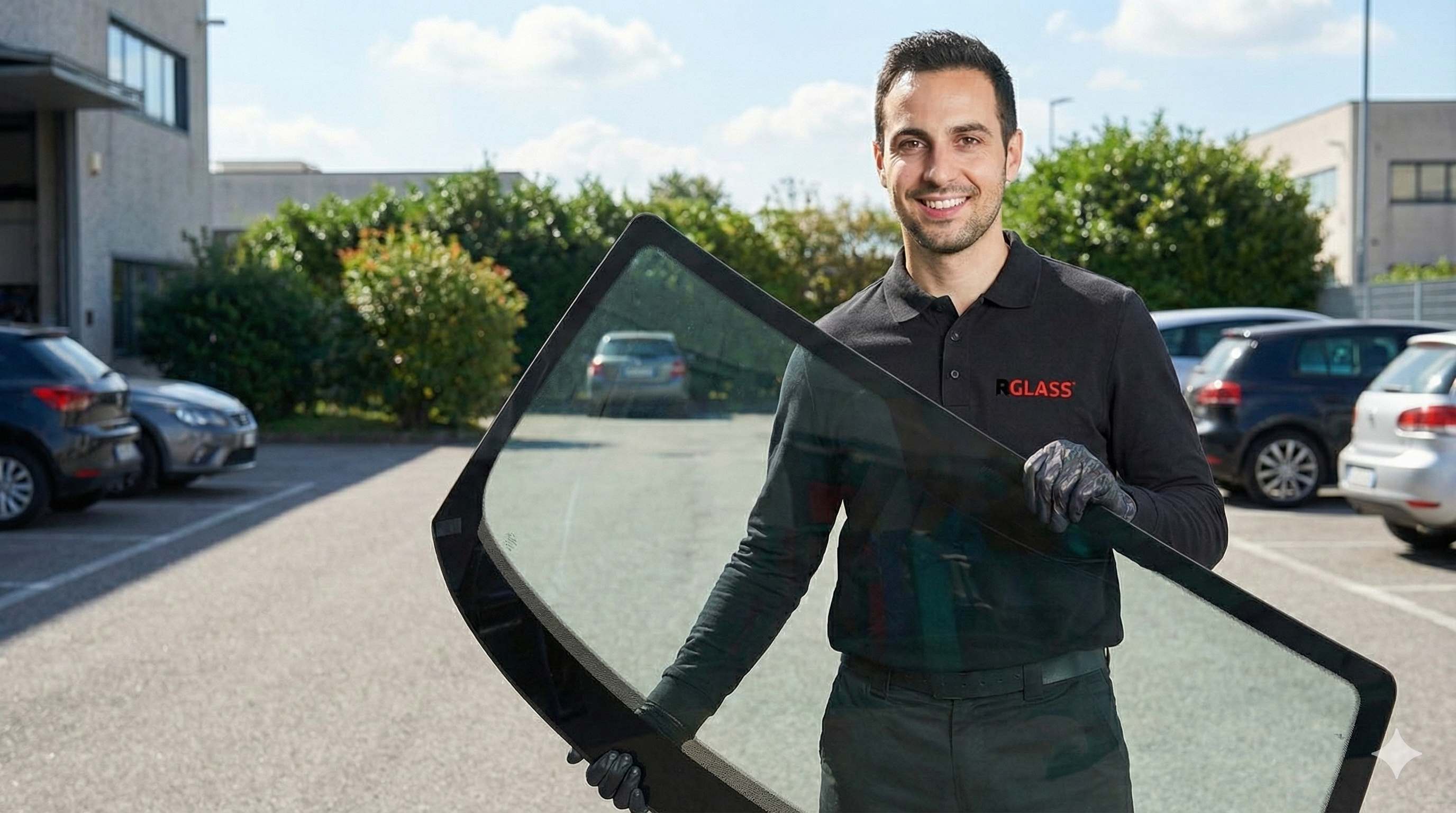 Technicien RGLASS avec pare-brise