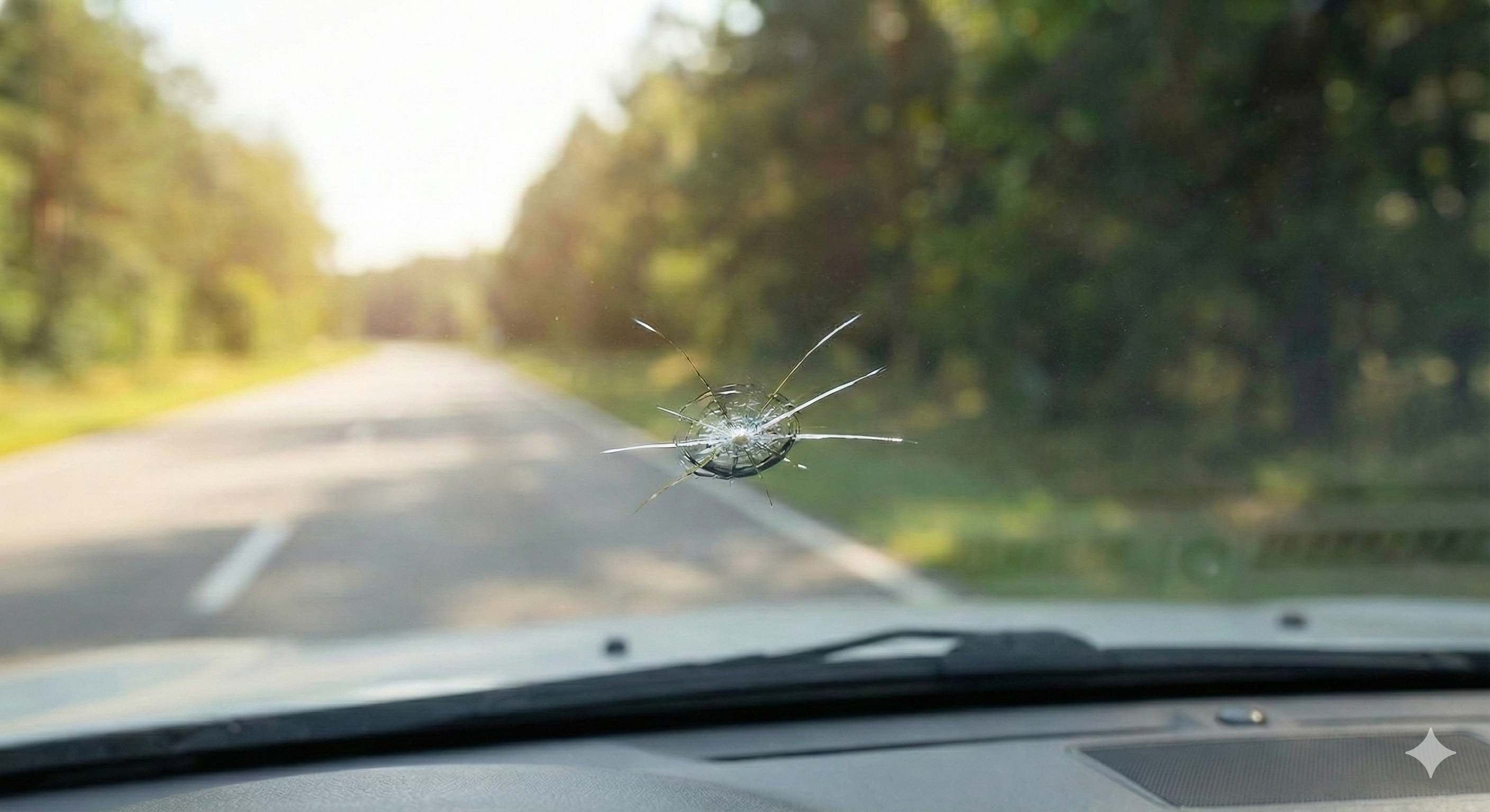 Impact étoile sur pare-brise vu depuis l'intérieur du véhicule