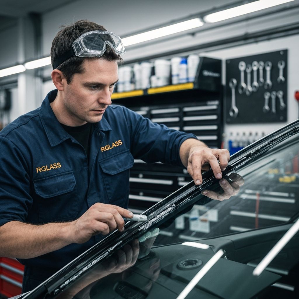 Technicien RGLASS professionnel en train de remplacer un pare-brise automobile